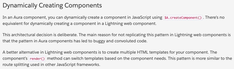 Screenshot of the "Dynamically Creating Components" section of the Trailhead Lightning Web Components for Aura Developers module. See the link below for the page.