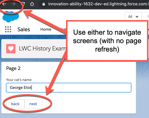 Static image showcasing that example application can use both lightning and browser buttons to navigate screens without a full page refresh.